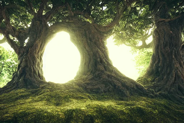 Image similar to soul tree of the earth, perfect symmetry, left side chaos, right side serenity, circular base surrounding grand tree, cinematic, intricate detail, small details, extra detail, high resolution, 3 d, volumetric lighting, octane render, 8 k, ultradetailed, photorealistic