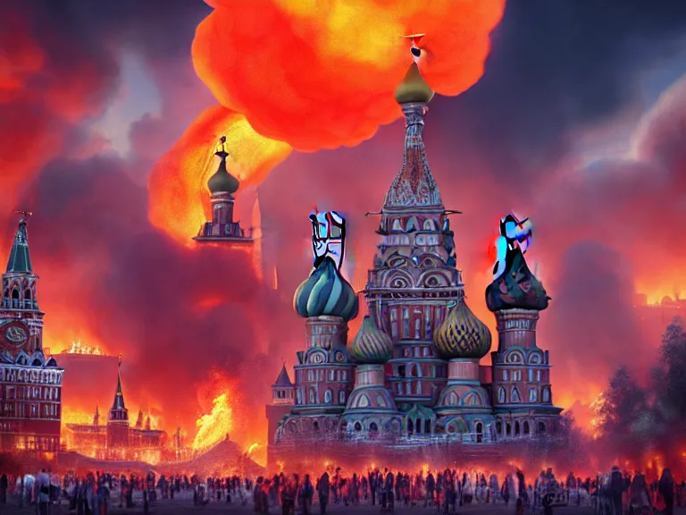 Prompt: Huge fires and explosions at Red Square Kremlin, Oil Painting, Trending on Artstation, octane render, Insanely Detailed, 8k, HD, design by Mark Ryden and Pixar and Hayao Miyazaki, unreal 5, DAZ, hyperrealistic, octane render, dynamic lighting, intricate detail, summer vibrancy, cinematic