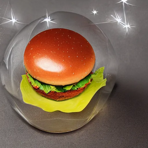 Prompt: clear crystal glass hamburger. dramatic jewelry photography. worth it.