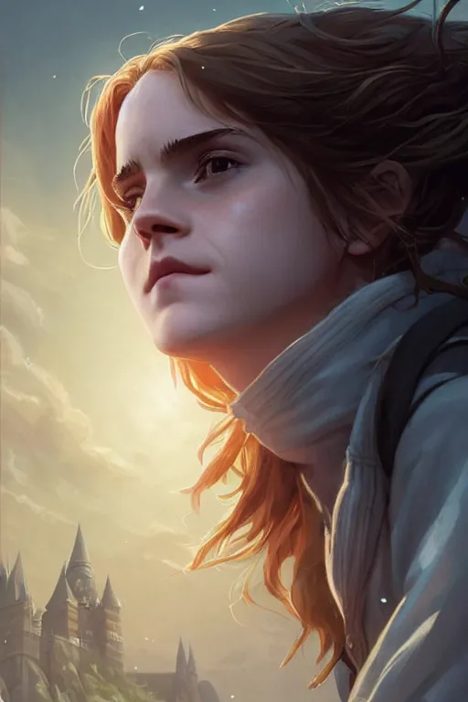 Image similar to Poster artwork, Emma Watson as Hermione Granger, magnificent, medium close up, details, sharp focus, elegant, highly detailed, illustration, by Jordan Grimmer and greg rutkowski and PiNe(パイネ) and 薯子Imoko and 香川悠作 and wlop!! and maya takamura, intricate, beautiful, Trending artstation, pixiv, digital Art