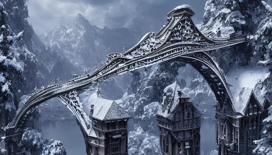 Image similar to Neo-Gothic built in snowy mountains connected by bridges, hyperdetailed, artstation, cgsociety, 8k