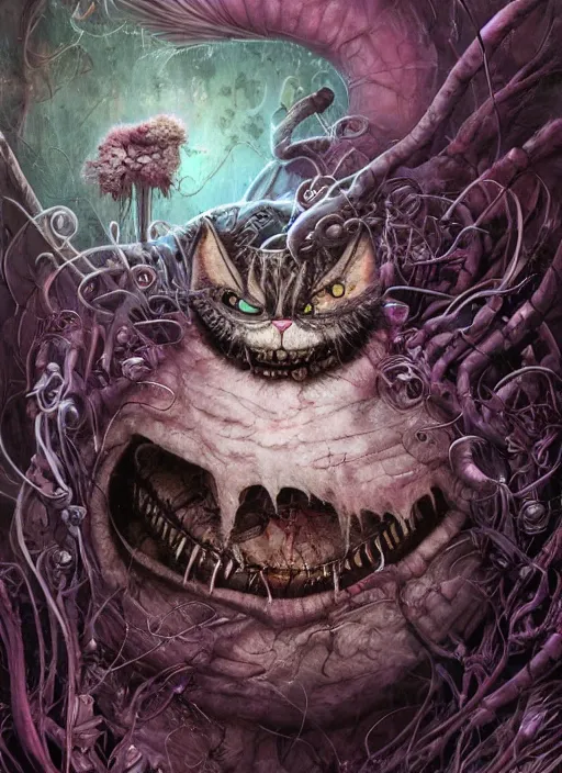 Image similar to cheshire cat, biopunk, highly detailed, cinematic, 8 k, by megan duncanson, benjamin lacombe, adrian borda, stanley artgermm, tom bagshaw, craig mullins, carne griffiths, ayami kojima, beksinski, giger, trending on deviantart, hyper detailed, horror, full of colour