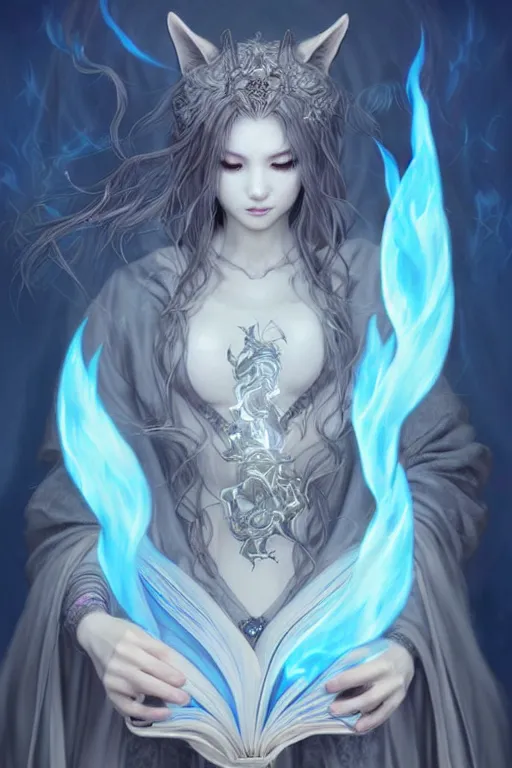 Prompt: gorgeous!!! hyper - realstic kitsune sorceress, holding a tattered magical book, casting a flame spell, blue flames, surrounded by tiny spirits | drawn by wlop, drawn by jeehyung lee, drawn by artgerm | fantasy, dark, intricate, highly detailed, digital painting, character design, concept art, illustration, artstation
