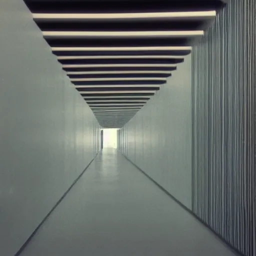 Image similar to noisy color photograph of a retrofuturist liminal space, twisting hallways, minimalist, cinematic, soft vintage glow