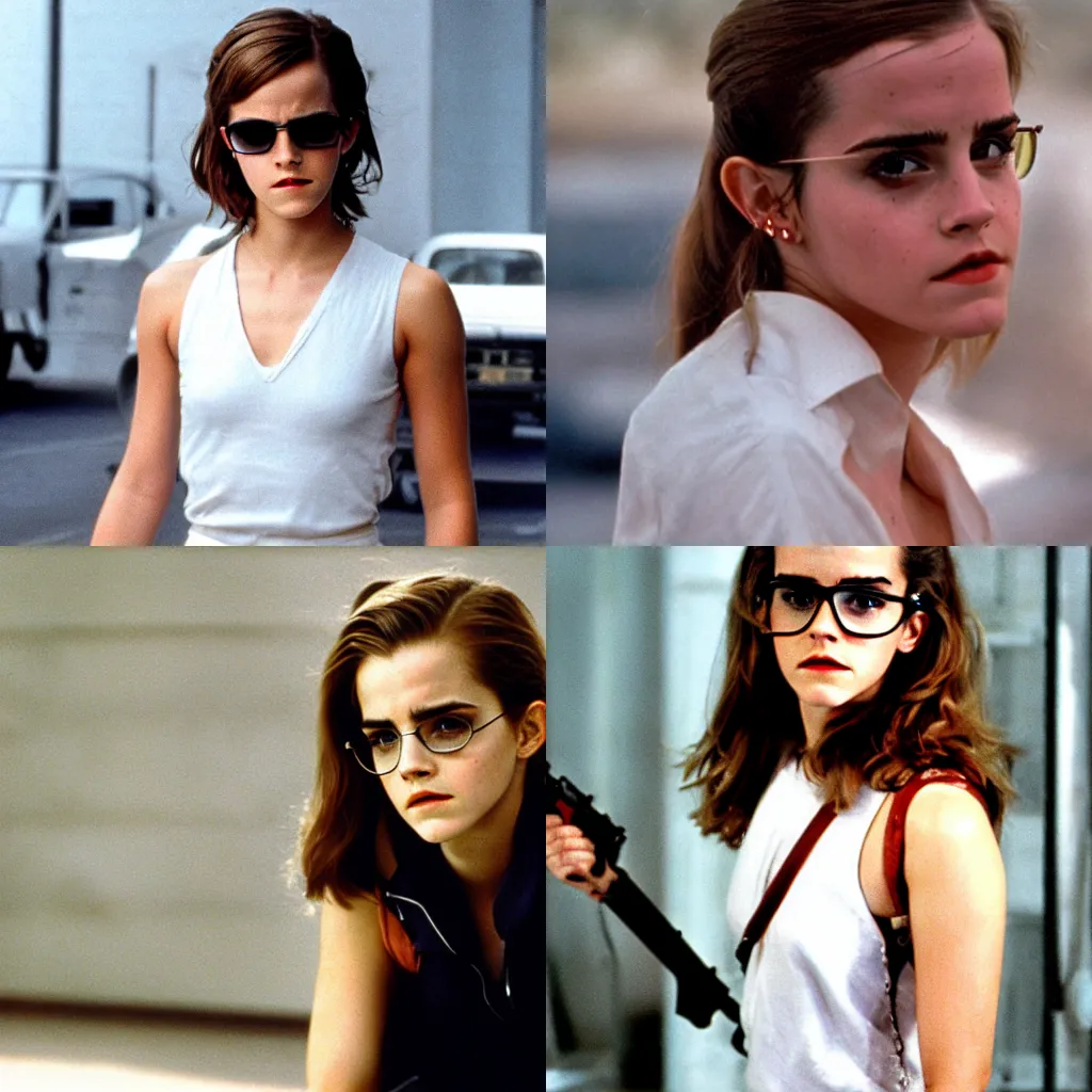 Prompt: emma watson as The Terminator (1984) wearing glasses