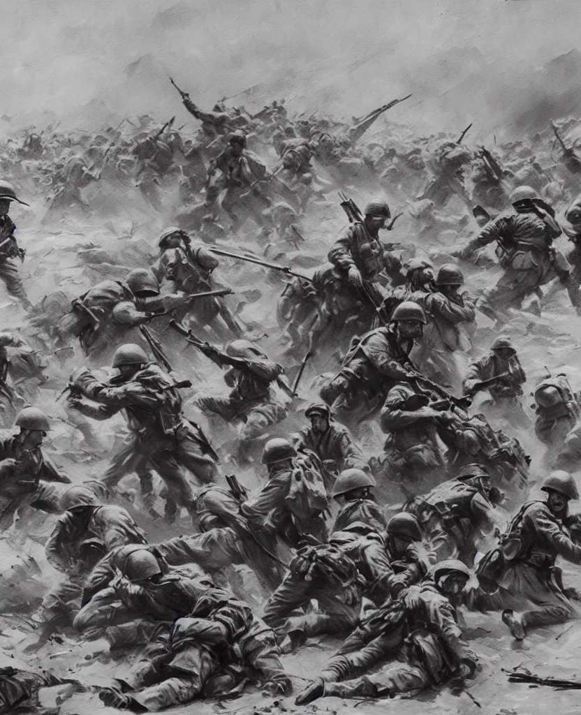 Prompt: a painting of war scenes in el alamein battle, with some hand written letters words in background, istituto luce's video still frames, wwii, black and white, jeremy mann, alphonse mucha, 8 k