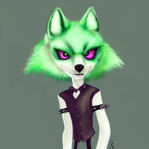 Image similar to Beautiful digital painting of an anthro anthropomorphic pastel-green wolf, Punk outfit. cute