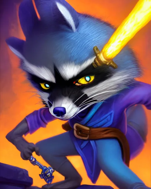 Prompt: closeup, highly detailed digital illustration portrait of hooded necromancer sly cooper rocket the raccoon casting a magical energy sparkling blue glowing spell in an ancient castle, action pose, d & d, magic the gathering, by rhads, frank frazetta, lois van baarle, jean - baptiste monge, disney, pixar,