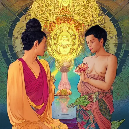 Prompt: one Buddha is giving a lotus flower to another young Buddha, illustration, happy, intricate, colorful, art by artgerm and greg rutkowski and alphonse mucha and simon stalenhag