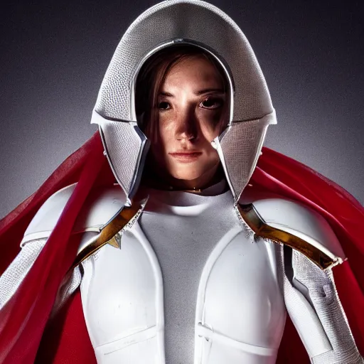 Image similar to a young female soldier, no makeup, wearing glossy sleek white bloodstained dinged scuffed armor and a long torn red cape, heroic posture, determined expression, elegant, no helmet, on the surface of mars, dramatic lighting, cinematic, sci-fi, hyperrealistic, detailed