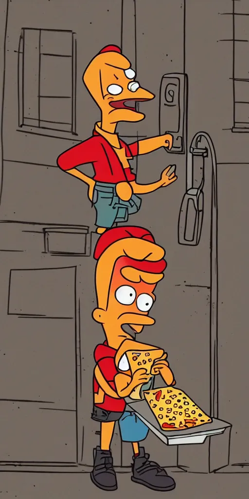 Prompt: a pizza delivery boy resembling Philip J. Fry standing in the doorway holding a pizza box, eerie lighting coming from behind, late at night, fireflies