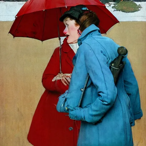 Image similar to woman with red coat and cyan umbrella, by norman rockwell