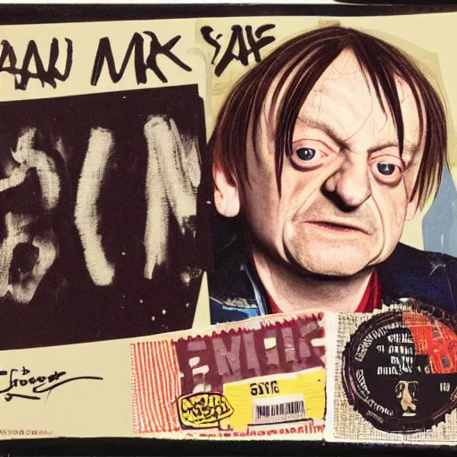 Image similar to mark e smith with a price tag on his head that says for sale