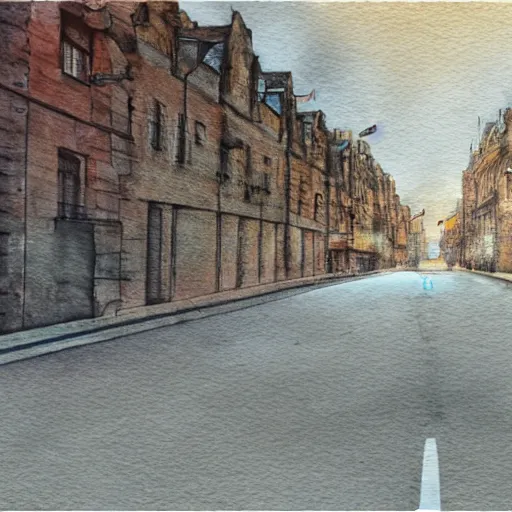 Image similar to incredible wide screenshot, ultrawide, simple watercolor, rough paper texture, edinburgh, pencil marks, tina holley hd, 4 k, remaster, dynamic camera angle, deep 3 point perspective, dynamic lighting