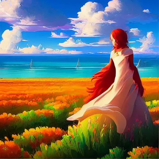 Image similar to digital art of a painting of a flower field with a view of the ocean, poster art by rhads, featured on pixiv, sharp details, neo - romanticism, anime aesthetic, 2 d game art, official art