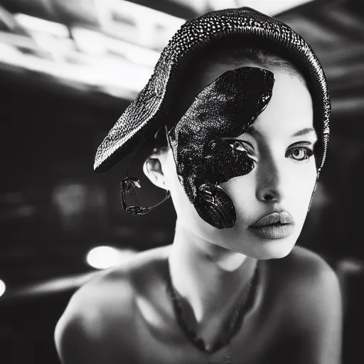 Image similar to fashion photography of a model with the head of a lezard, wearing futuristic hiphop fashion, inside berghain, futuristic fashion, photo 3 5 mm leica, hyperdetail, 8 k, very detailed, black and white