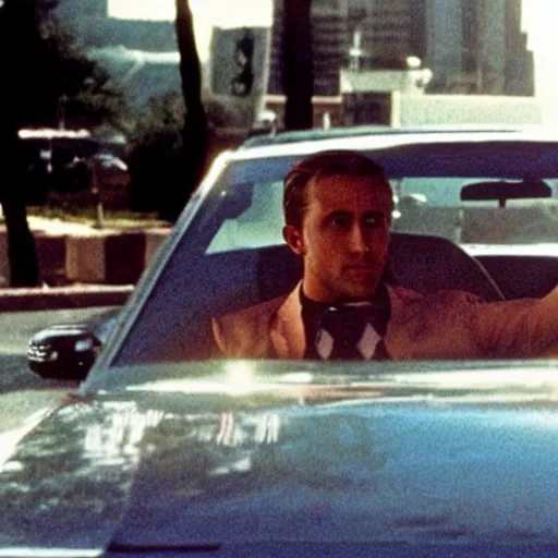 Image similar to ryan gosling driving a mustang, in american psycho ( 1 9 9 9 )
