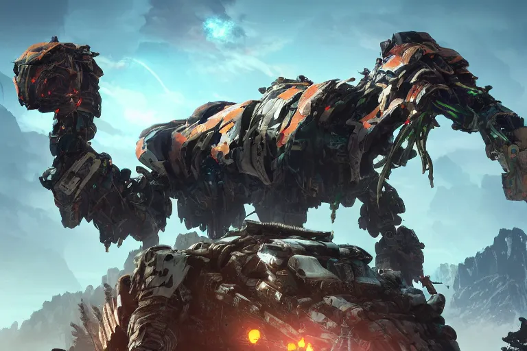 Image similar to tremortusk machine mecha animal beast robot of horizon forbidden west horizon zero dawn bioluminiscence global illumination ray tracing hdr fanart arstation by sung choi and eric pfeiffer and gabriel garza and casper konefal