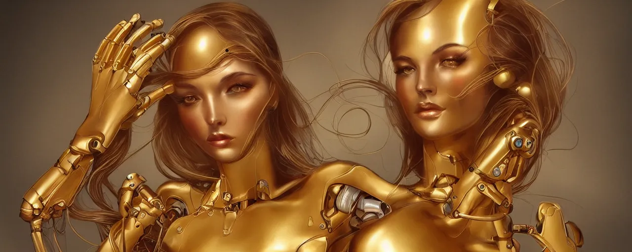 Image similar to beauty art nouveau woman, gold robotic, trending on artstation, by Artgerm