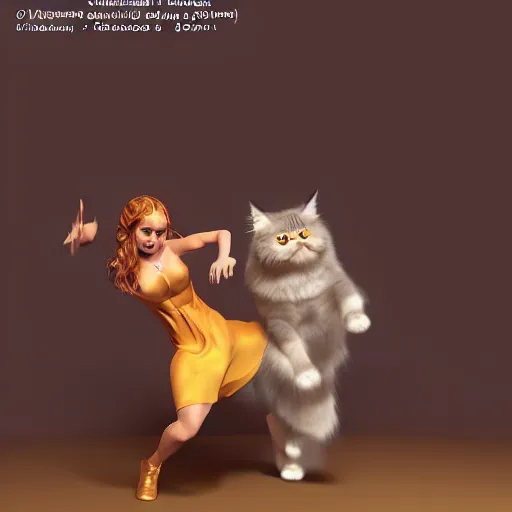 Image similar to A hyper real comic book style portait painting of a persian cat dancing salsa with another persian cat, unreal 5, hyperrealistic, octane render, cosplay, RPG portrait, dynamic lighting