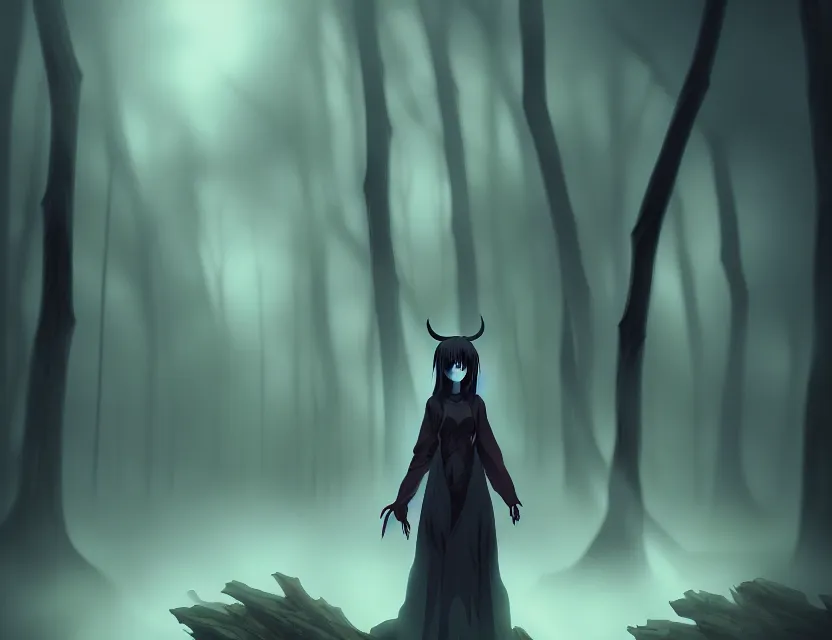 Prompt: a demonic figure coming out of the woods. lots of fog, by nashimanga, anime illustration, anime key visual, beautiful anime - style digital painting by wlop, amazing wallpaper