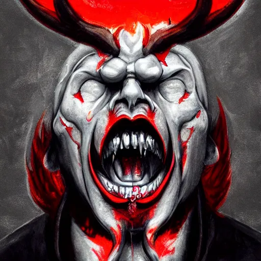 Image similar to the _ devil _ holding _ a _ skull _ red _ horns _ ominous _ fiery _ background _ symmetrical _ detailed _ face _ despair _ highly _ detailed _ high _ resolution _ sandro _ botticel