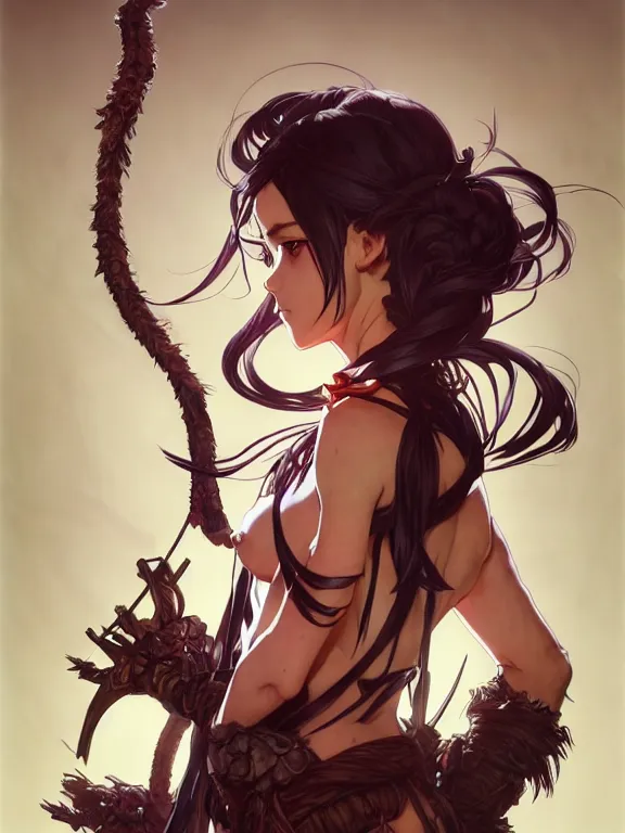 Image similar to full body picture of a monster huntress with big ribbons, bored, beautiful and aesthetic, intricate, unreal engine, messy hair, highly detailed, detailed face, smooth, sharp focus, chiaroscuro, manga illustration, artgerm, greg rutkowski, ilya kuvshinov, rossdraws, alphonse mucha, young adult light novel cover art