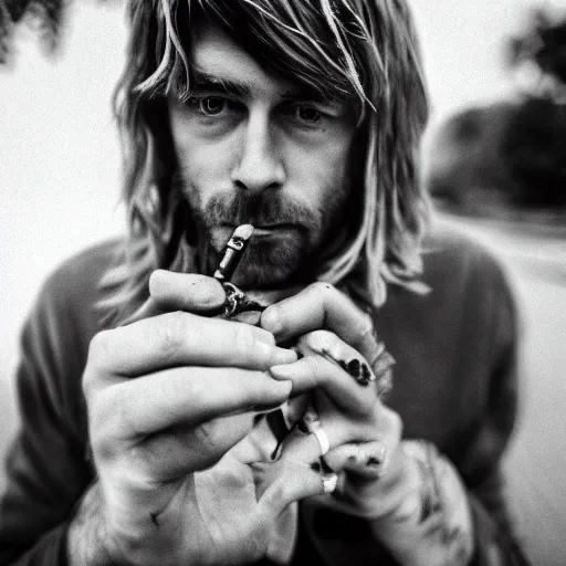 Prompt: Kurt Cobain smoking weed EOS-1D, f/1.4, ISO 200, 1/160s, 8K, RAW, unedited, symmetrical balance, in-frame