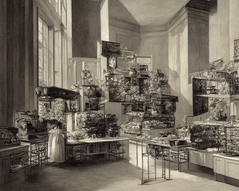 Prompt: achingly beautiful painting of a sophisticated, well - decorated bakery kitchen by rene magritte, monet, and turner. giovanni battista piranesi.