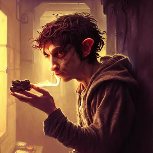 Image similar to Drug addict hobbit with crazy eyes smoking in a dark alley, ultra realistic, concept art, intricate details, dark, highly detailed, photorealistic, octane render, 8k, unreal engine, art by artgerm and greg rutkowski and alphonse mucha