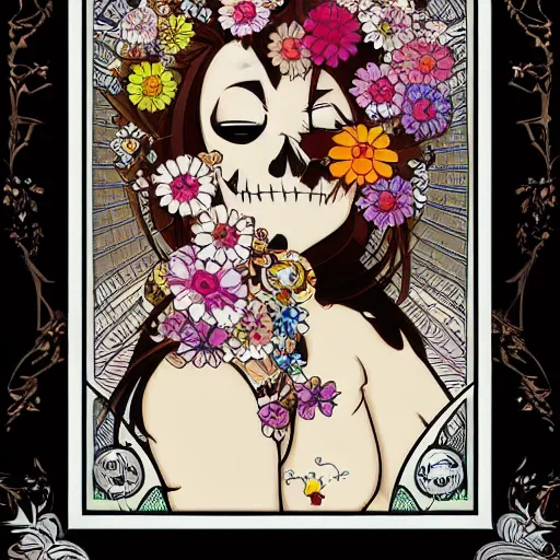 Image similar to anime manga skull portrait face skeleton female with flowers illustration style by Alphonse Mucha and Takashi Murakami pop art nouveau