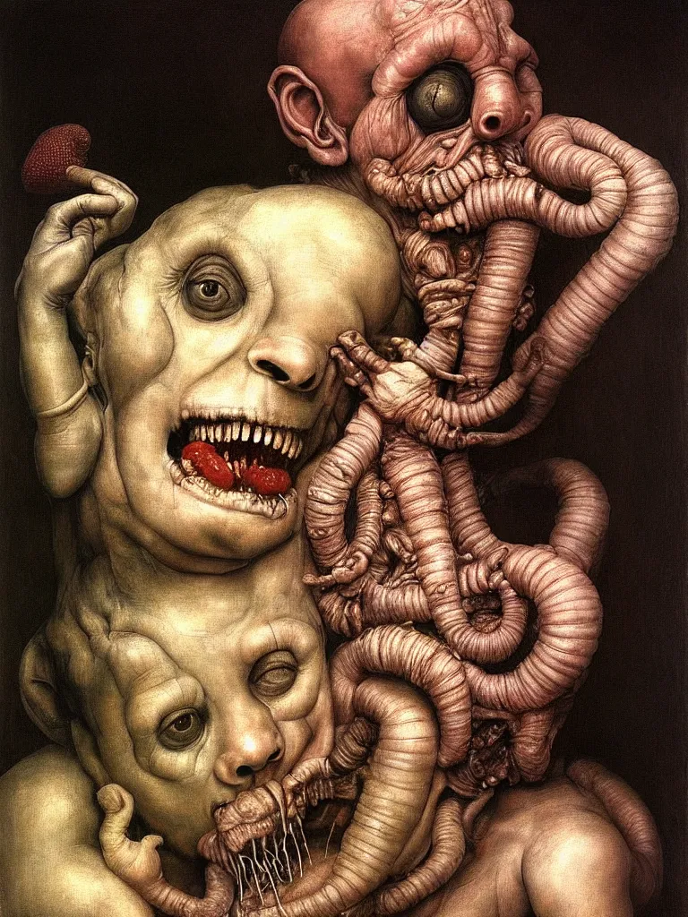 Prompt: a boy like eraserhead and elephant man sitting in a tub full of whipped cream, looking straight into camera, screaming in desperation, by giuseppe arcimboldo and ambrosius benson, renaissance, fruit, intricate and intense oil paint, a touch of beksinski and hr giger and edward munch, realistic, rules of composition, headspace