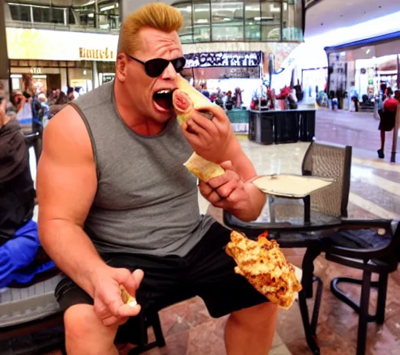 Image similar to duke nukem eating a burrito in a shopping mall