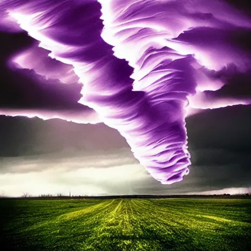 Image similar to amazing photo of purple clouds in the shape of a tornado, digital art, beautiful dramatic lighting