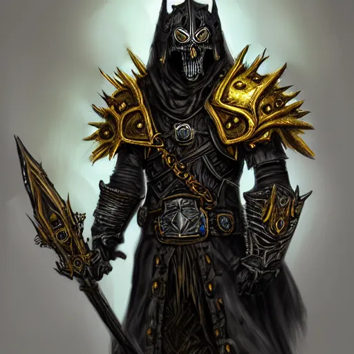 Image similar to lich king wearing black and gold armor with skulls and chains, holding a two handed sword with golden handle, wearing spiky helmet with mask concept art artstation