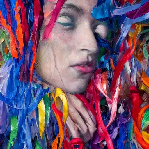 Prompt: ethereal and expressive abstract oil painting of a person surrounded by ribbons with random letters on them