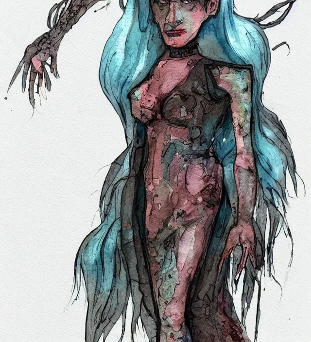 Prompt: a 3 / 4 view watercolor ink painting of a post - apocalyptic mutant sorcerer wearing a dress trending on artstation deviantart pinterest detailed realistic hd 8 k high resolution
