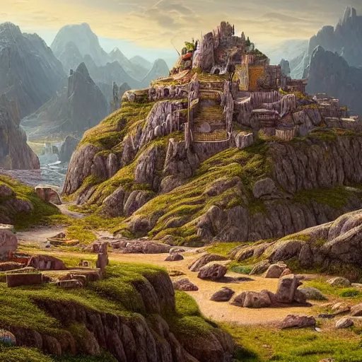 Image similar to a beautiful and highly detailed matte painting of a colorful yet humble viking temple and fort built of large stones in the distance high in the most epic mountains ever, intricate details, epic scale, insanely complex, 8 k, sharp focus, hyperrealism, very realistic, by caspar friedrich, greg rutowski, james gurney, hudson river school