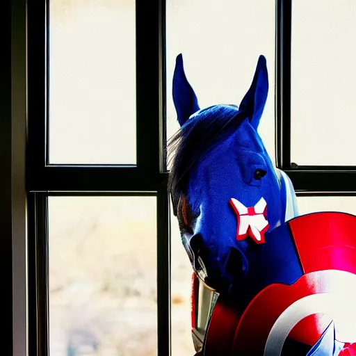 Prompt: photo of a horse wearing a captain america costume looking into a lounge window in a house