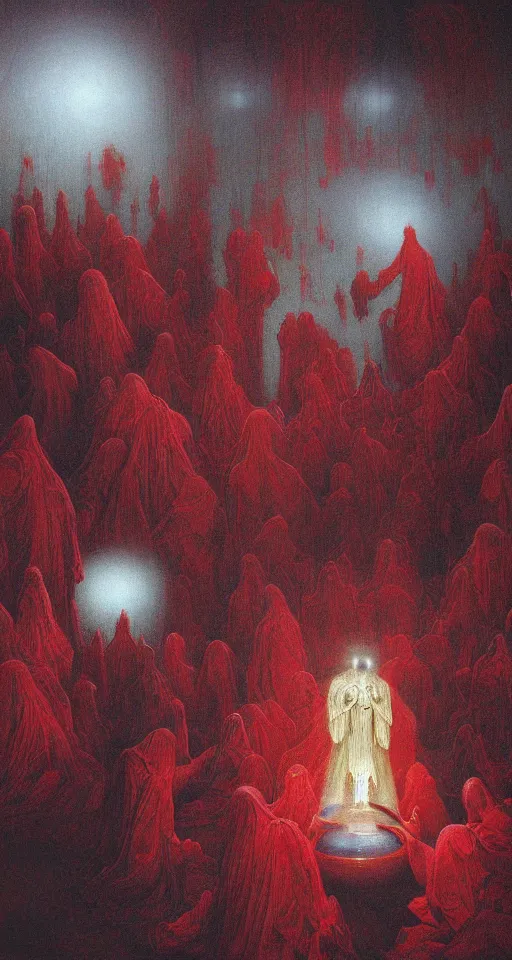 Prompt: closeup of worshippers in red robes holding a very complex gigantic reflective glowing glass crystal tesseract orb violently illuminating a small glass room with glass windows, very bright white light, small room!!!, glass room, glass, enlightening!, closeup!!!!, high detailed beksinski painting, part by adrian ghenie and gerhard richter. masterpiece, bright white