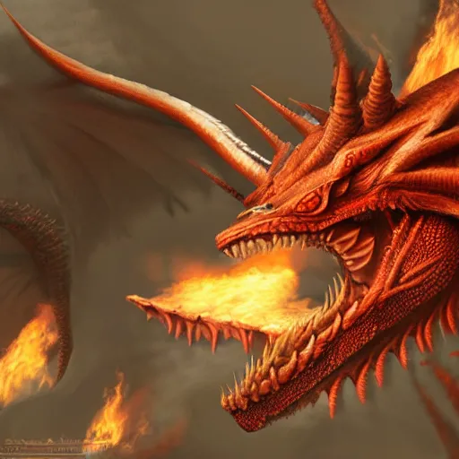 Image similar to a red dragon with a tan stomach, sharp teeth, and horns on a castle breathing fire, hyper realistic, detailed, photorealistic, 4 k