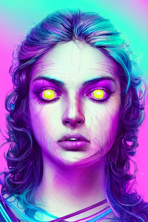 Image similar to a award winning half body portrait of a beautiful woman with stunning eyes in a croptop and cargo pants with ombre purple pink teal hairstyle and hands in pockets by thomas danthony, surrounded by whirling illuminated lines, outrun, vaporware, shaded flat illustration, digital art, trending on artstation, highly detailed, fine detail, intricate