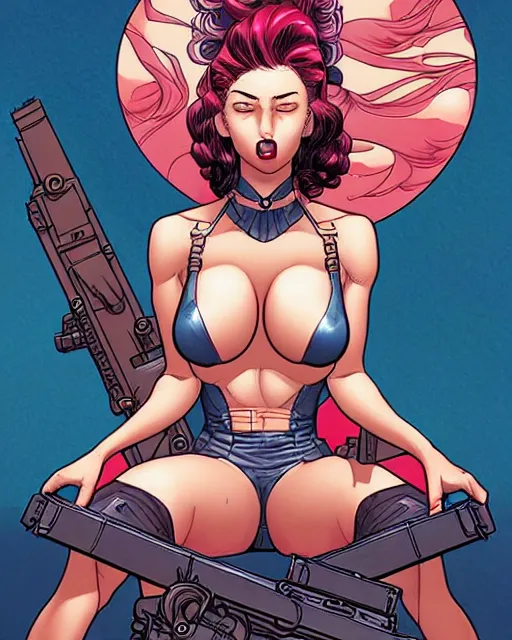 Image similar to comic cover art of a seductive girl sitting on a missile, inspired by gunsmith cats and tank girl, illustration by jenny frison and sana takeda, intricate details, stunning inking lines, stunning gradient colors, 4 k, hd, artstation