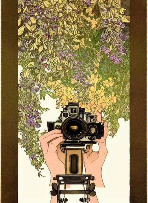 Image similar to photographer looking through a vintage camera, design on white background, beautiful details, lush foliage, gold, drawn by john singer sargent, studio ghibli, alphonso mucha, lolish, trending on artstation