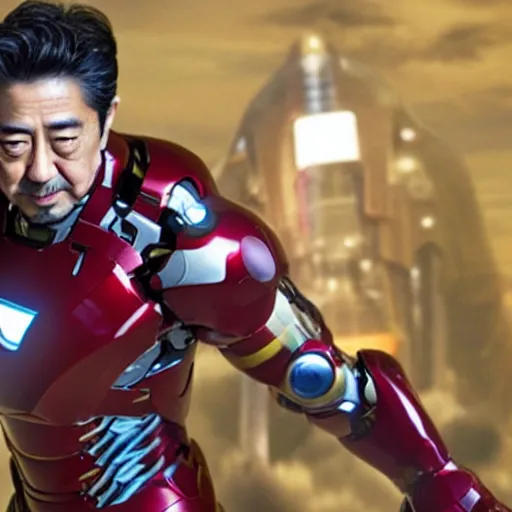 Prompt: promotional image of Shinzo Abe as Iron Man in Iron Man（2008）, he wears Iron Man armor without his face, movie still frame, promotional image, imax 70 mm footage