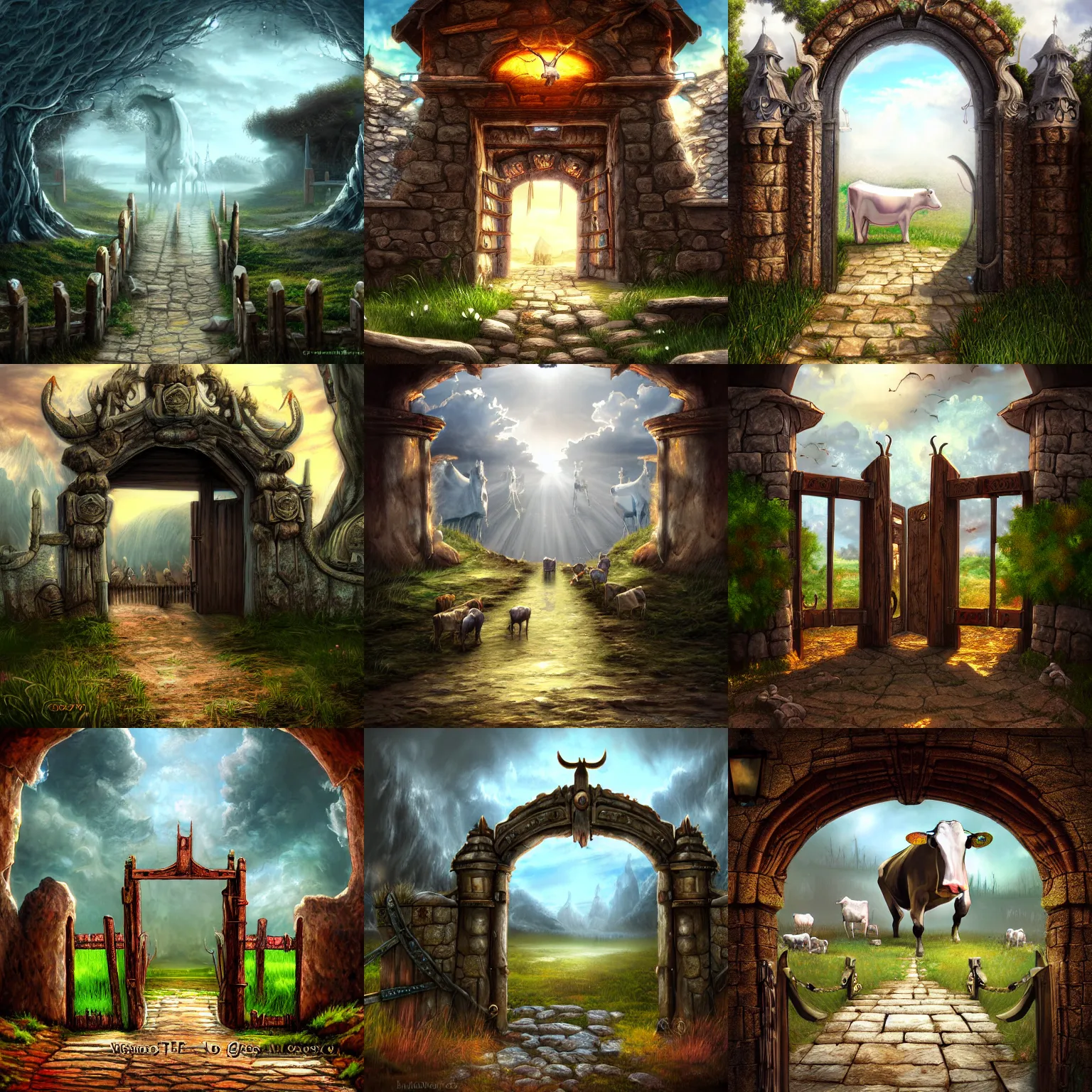 Prompt: The gate to the eternal kingdom of cows, fantasy, digital art, HD, detailed.