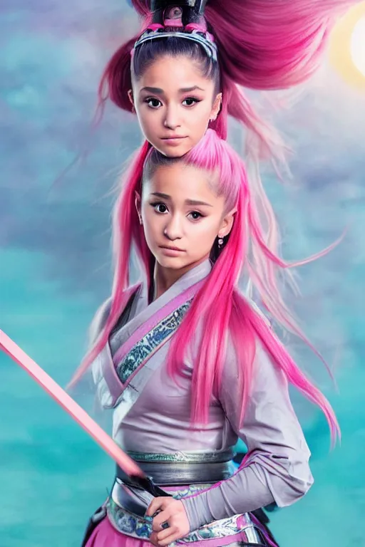 Image similar to highly detailed beautiful photo of a ariana grande as a young female samurai, practising sword stances, symmetrical face, beautiful eyes, pink hair, realistic anime art style, 8 k, award winning photo, pastels colours, action photography, 1 / 1 2 5 shutter speed, sunrise lighting