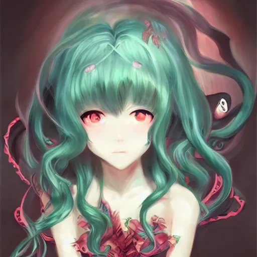 Prompt: portrait of the cthulhu with wings and tentacles but as a cute anime girl, by rossdraws, wlop