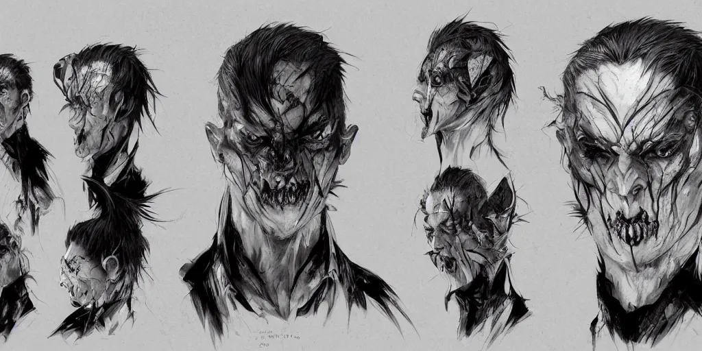 Prompt: gothic character face detail designs, Kim Jung Gi, Greg Rutkowski, character sheet, Darek Zabrocki, Karlkka, Jayison Devadas, Phuoc Quan, trending on Artstation, 8K, ultra wide angle, pincushion lens effect