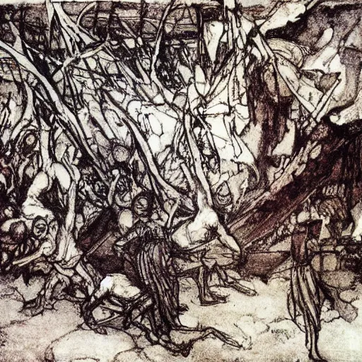 Prompt: Things fall apart the centre cannot hold mere anarchy is loosed upon the world, painted by Arthur Rackham